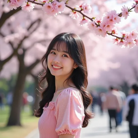  beautiful Japanese woman with dark hair ,  cute dress 、She is smiling and looking at me under a tree in full bloom、 in a park with lots of cherry blossoms blooming 、 A lot of people are watching the cherry blossoms in the back、 portrait 、 best image quali...