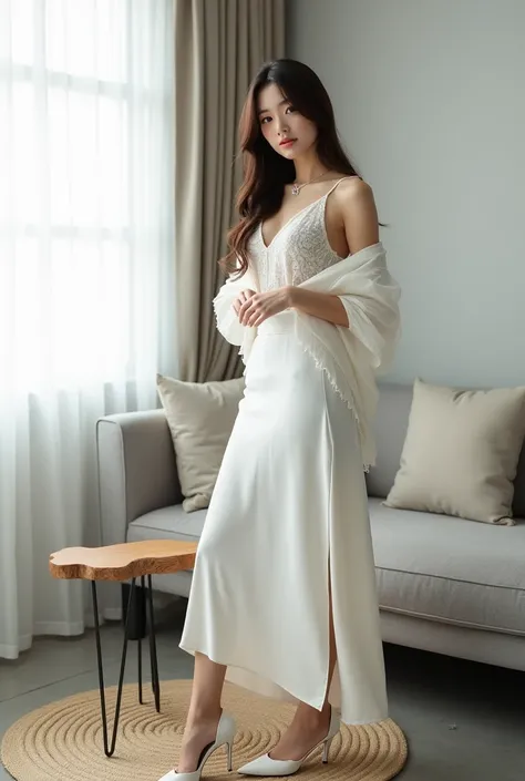 ＡJapanese woman with a very beautiful beauty like an actress
A sophisticated indoor setting featuring a female model posing elegantly in a monochromatic outfit. She wears a sheer, white lace blouse with intricate patterns, complemented by an off-shoulder s...