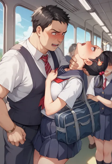 One Girl、Fat middle-aged man、school uniform、One Curl Bob Cut, Highest quality、Black Hair、Sweaty body、Obscene sound effects、Japanese Moans、(tears)、surprised、(Show your forehead)、hairpin, molest,harassment, trouble,12 old,at inside train,crowded,head back or...