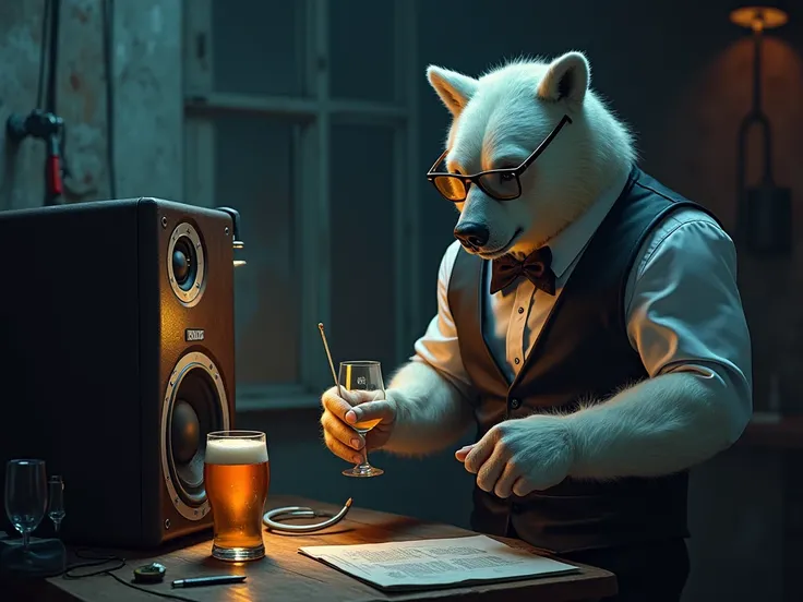 Amazing images capturing the magic of Discord moderators, dressed in formal wear and engaged with their scene. The moment is special when the bear is fixing the speaker and in its hands is a glass of beer and a screwdriver. A state-of-the-art Bluetooth spe...