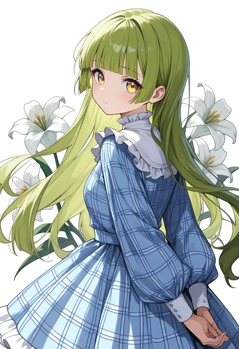 1girl, long hair, green hair, yellow eyes, blunt bangs, looking back, dress, long sleeves, frills, plaid, blue dress, plaid dress, puffy sleeves, puffy long sleeves, frilled dress, looking at viewer, arms behind back, standing, flower, lily (flower), solo,...