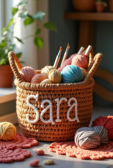 Basket with materials for crocheting with the name Sara woven in the basket