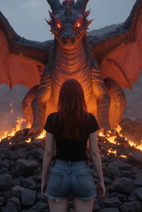 A redheaded woman in a black t-shirt and short jeans stands in front of a huge beautiful colored dragon.  The dragon has flaming red eyes and looks very powerful .   The background is a volcanic landscape with fire and dark stones .   The atmosphere of the...