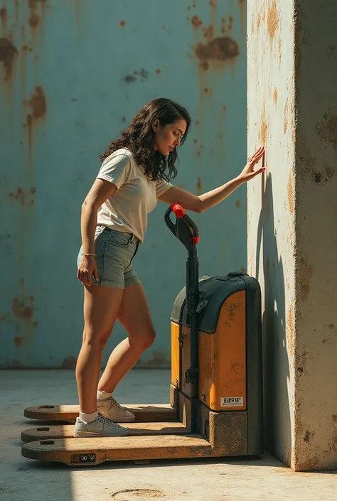 Woman in a pictorama pressing her hand between a pillar and a hydraulic pallet jack