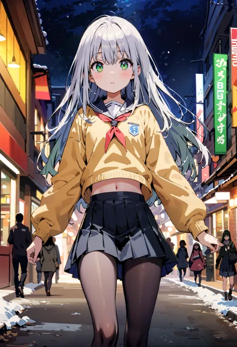 Prohibited bibliography,  green eyes,( green eyes:1.5),  Silver Hair,  long hair, ( flat chest:1.2),White muffler,Sailor suit,Yellow cardigan , black mini pleated skirt ,black rib tights ,   gray pantyhose , Brown loafers,snow,night, grabbing a meat bun wi...