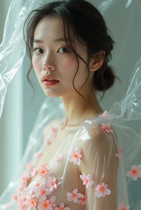        A professional model poses for a fashion photo shoot      、Fair photography  , realistic skin   .        She's completely wrapped in transparent film       ,        There are lots of flowers blooming under the film that covers her skin .       This ...