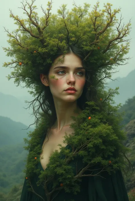 Woman with hair made up of trees and leaves