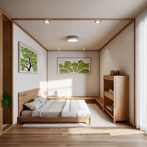 WASABI STYLE, (bedROOM : 1.5), RAW photo,Masterpiece, high quality, best quality, authentic, super detail, interior,white wall, Neutral color for furniture,natural wooden texture, japandi style, Realistic reflexes,realistic light , vray, tree in room