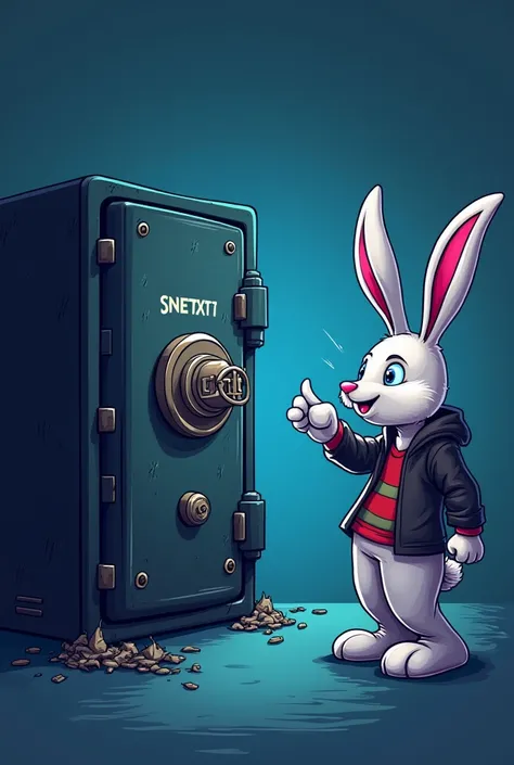  Hackers trying to break into  $NETXT "

cena:  The mascot is protecting a digital safe ( with the logo  $NETXT ). Hackers ( represented by cartoonish figures )  they're knocking on the safe ,  but can't open it .

details:  The rabbit makes a gesture  "Do...