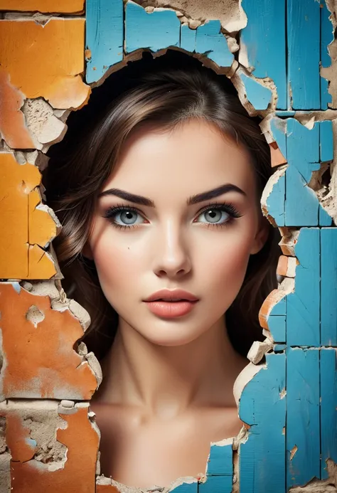 A beautiful european woman with a perfect face breaking through a vintage wall with a hole in the center. Retro style with high resolution, high quality and high detail. The background color is solid. The image is colored --style raw --stylize 250