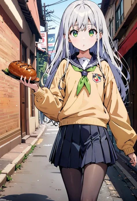 Prohibited bibliography,  green eyes,( green eyes:1.5),  Silver Hair,  long hair, ( flat chest:1.2),White muffler,Sailor suit,Yellow cardigan , black mini pleated skirt ,black rib tights ,   gray pantyhose , Brown loafers,snow,evening, grabbing a meat bun ...