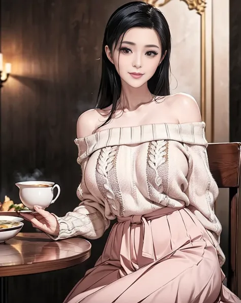 (best quality:2.0),(extremely detailed:2.0),(highly detailed:2.0),(Scene 3 :Chikage Kitagawa is seated at a beautifully set dining table in a cozy, softly lit dining room, wearing a casual yet chic outfit—a light beige knit sweater with a slightly off-shou...