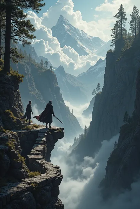  fantasy、 A male swordsman and a female wizard are desperately walking along a mountain trail made of trees and stones that have almost collapsed on a cliff in a deep valley。S-shaped road 、 full of stones and rocks 、 place where monsters are likely to appe...