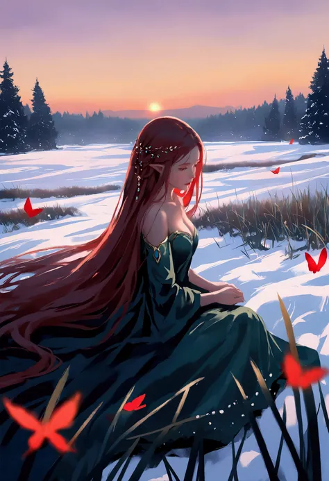 A movie poster featuring a woman with long hair like shadows, reddish brown in color. She is lying in a meadow in the snow, wearing a light green, voluminous dress. In the background you can see the sunset, and long willows made of crystals in a wintry mea...