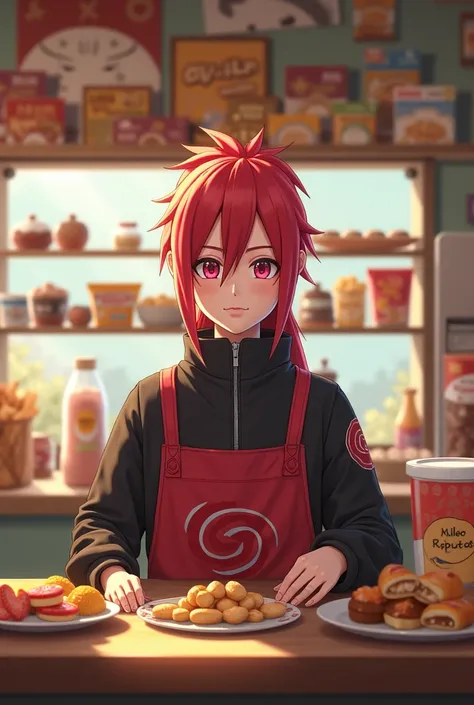 Create a Naruto Uzumaki mix character  ,Itachi Uchira, kushina Uzumaki, Minato 4 hakage a snack store 