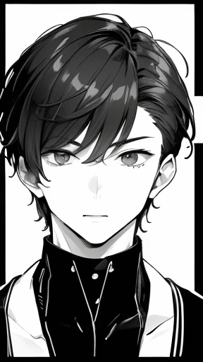 (((Masterpiece,               high resolution,               top quality    、 It accurately represents the face    )))、 ( Black and White、A comic where handsome cyborgs make you happy in 3 scenes)