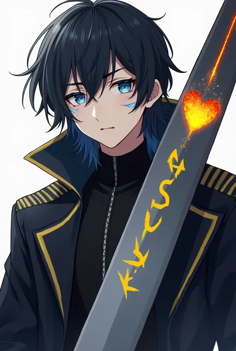 A 2 man, with medium black hair, with blue eyes with blue stripes near the eyes forming a line, with a black overcoat with yellow stripes, with a thin long sword, with a volcano heart inside the blade, but the blade is gray and has Helsen written in yellow...