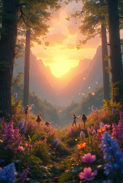 Ultra realistic, photorealism, photograph, 8K UHD, amazing quality, CGI quality, vivid colors, crystal clear, photograph of a stunning forest that is filled with mystical power and magic, it's sunset and the suns light is fading as the sun hides behind the...