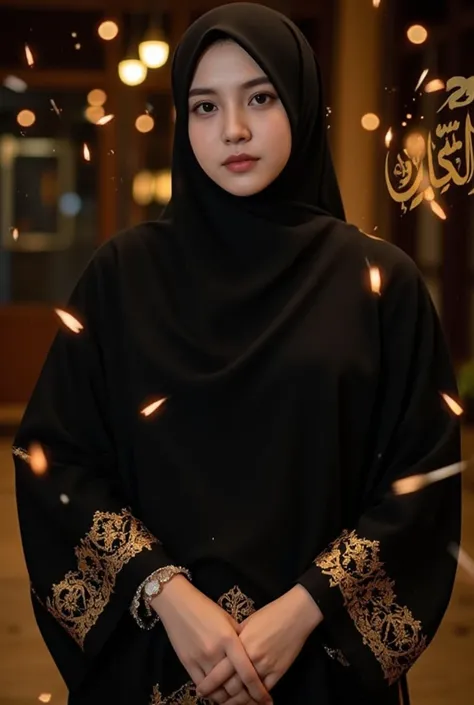 a beautiful Muslim girl, a slightly chubby. wearing a veil as a face covering, wearing all black clothes with gold patterns standing in the midst of darkness. There are many Arabic writings floating in the air burning warmly like lamps, pearl dust flying. ...