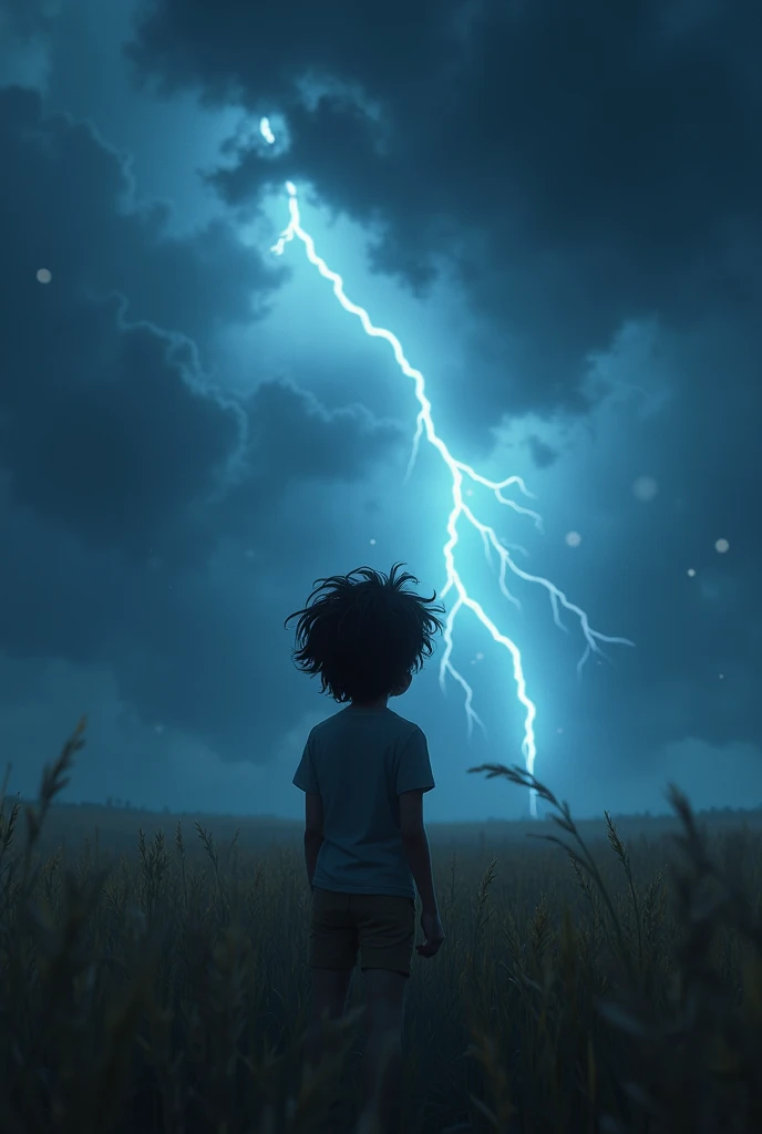 Create a Disney Pixar style wide shot of Sam standing tall in the middle of the field, his hair blown by the wind, with a soft smile on his face as he watches the storm. The point of view is from behind, capturing the sense of awe he feels. The lighting sh...