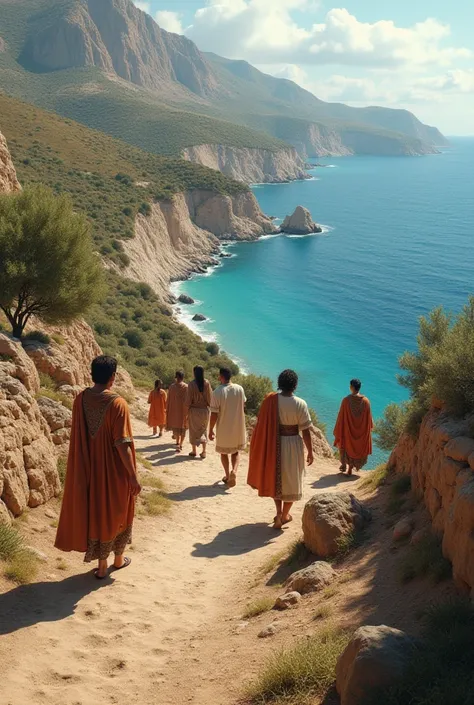 Ancient Greece in the eastern part of the Mediterranean Sea between 1200 BC.C.  people walking 