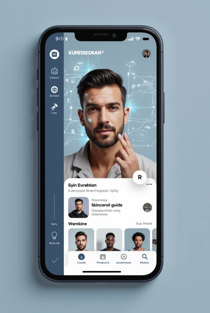 "A sleek and modern mobile app interface titled 'Mirrored Man,' designed for men's skincare and makeup routines, featuring advanced accessibility options and augmented reality (AR) capabilities. The app screen shows a clean, user-friendly layout with neutr...