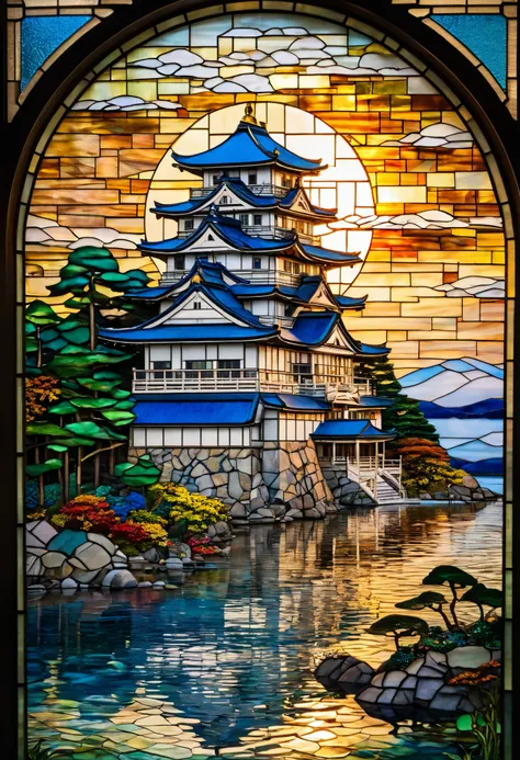 a close up of a  Stained Glass Japanese castle behind a lake,  Louis Comfort Tiffany Inspired Mosaic,  Shutterstock , Cloisonné,  Stained Glass art, 輝く Japanese Castle, golden twilight  Stained Glass, maxim verehin  Stained Glass,  Smartest of All Cats  , ...