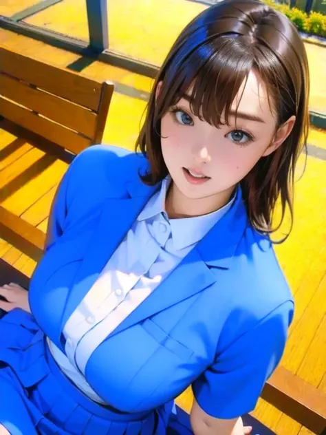     A blue Asian woman in a strict uniform wearing a white uniform poses on a bench,     japanese schoolgirl uniform ,  Japanese School Uniform,  Japanese School Uniformを着ている,      the principal is wearing a uniform      , 超  Comics about high school girls...