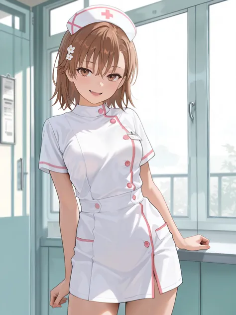 {{{masterpiece}}}, {{{best quality}}}, {{ultra-detailed}}, {illustration}, {{an extremely delicate and beautiful}} best quality Mikoto Misaka short hair brown hair   absurdres,masterpiece,best quality,amazing quality brown eyes　cute　breasts　openmouth  intr...