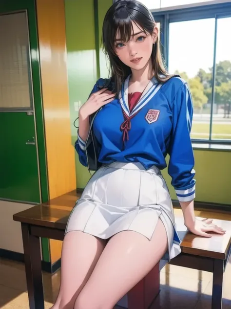     A blue Asian woman in a strict uniform wearing a white uniform poses on a bench,     japanese schoolgirl uniform ,  Japanese School Uniform,  Japanese School Uniformを着ている,      the principal is wearing a uniform      , 超  Comics about high school girls...