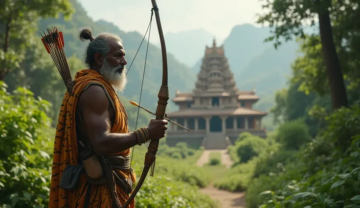 Old tamil hunter appeared with tiger skin dress, with bow and arrow, his look like Young man with beard and he saw the Hindu temple in middle of the forest.