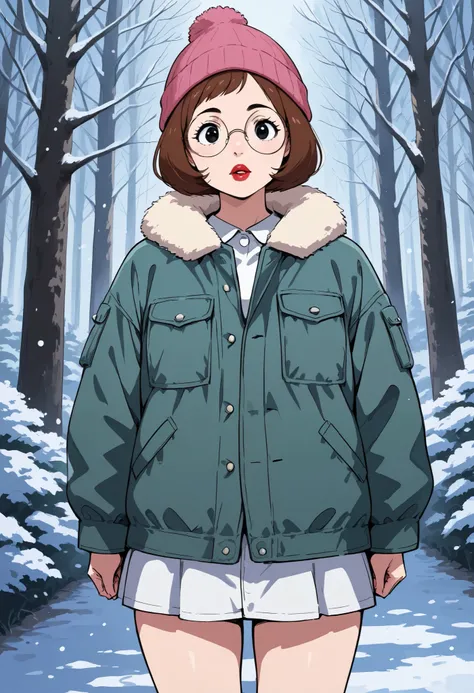 score_9, score_8_up, 1girl, solo, meg, brown hair, black eyes, pawg, looking at viewer, red lips, round glasses, cowboy shot, purple fur-trimmed jacket, pink beanie, pawg, nose. snow forest
