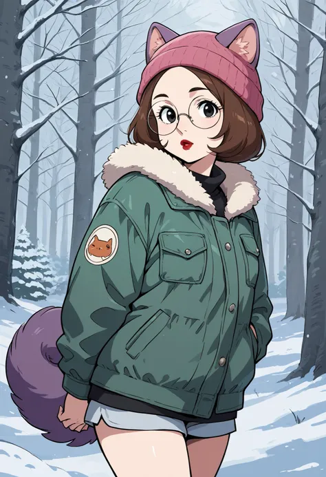 score_9, score_8_up, 1girl, solo, meg, brown hair, black eyes, pawg, looking at viewer, red lips, round glasses, cowboy shot, purple fur-trimmed jacket, pink beanie, pawg, nose. snow forest
