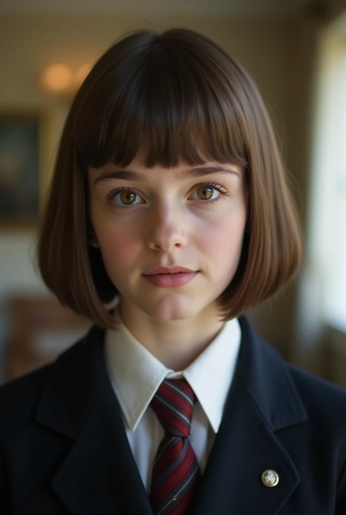 The pretty face of my 18yo English daughter who looks similar to Emma Watson, brown eyes, short bob brunette hair, The year is 1960 and she is an upper class young lady wearing a private school uniform 