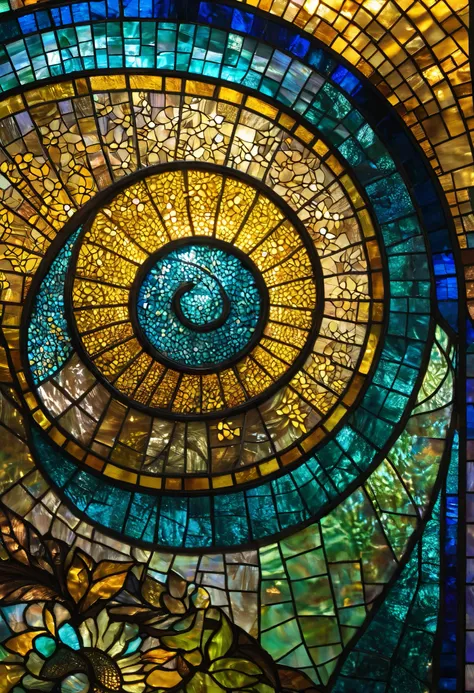 a close up of a  Stained Glass Fibonacci sequence,  Louis Comfort Tiffany Inspired Mosaic,  Shutterstock , Cloisonné,  Stained Glass art, 輝くThe natural Fibonacci sequence , golden twilight  Stained Glass, maxim verehin  Stained Glass, すべてのThe natural Fibon...