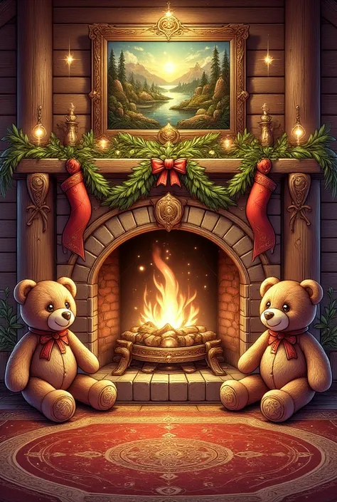 Fireplace with Christmas decorations in the log house，The front of the fireplace is carpeted ，There are teddy bears and Christmas trees on the floor，On the fireplace is an oil painting of a landscape，