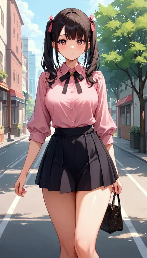 nsfw、 score_9,  score_8_ up,  score_7_ up, source_Anime,  high res images,Masterpiece, best quality , girl , cute face, clean skin, shiny hair, Super Detailed Eyes ,  simple background,  Earth system,  black hair,  twin tails, pink shirt,  black skirt,  th...