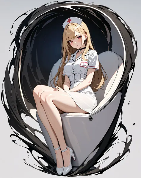 Love Across Time,  Darkness, Calm Madness, whole body, nurse, kitagawa marin, whole body,  1girl , blonde hair, long hair, multicolored hair, red eyes, jewelry, earrings, piercing, black choker, masterpiece:1.5, masterpiece, highest quality, UHD, retina, m...