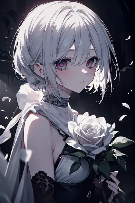 a beautiful white rose, blood splattered on the petals, dark dramatic lighting, intense color palette, highly detailed, cinematic, moody, mysterious, dramatic, photorealistic, 8k, masterpiece