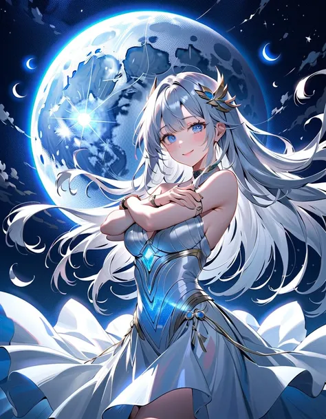 (Masterpiece:1.2),(4K), High Quality ,( perfect anatomy),(( turn your arms backwards)),( 1 girl),(Moon Goddess),Artemis, long silvery hair ,  beautiful detailed blue eyes, has a smiling face, watch viewers,(bioluminescent dress),Unfairly Beautiful,Dreamy a...