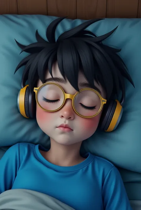 A boy wearing a blue shirt and yellow glasses with an attitude haircut and headphones is sleeping.