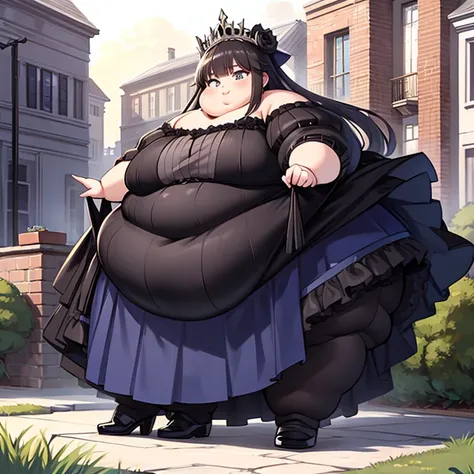 masterpiece,  best quality, Advanced Details , obesity女子, black elegant princess dress,  full body,  long hair, town background,  is standing, anime, obesity