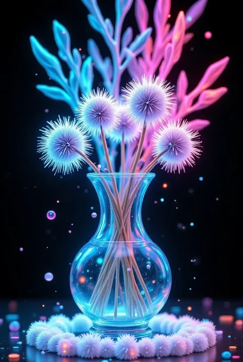 Winter colors . 
 Fluffy soft blue and white fluffy balls on a stick in an elegant blue transparent glass vase,  white garland around the vase ,  neon green lights , detail,   quartz glow , glitter, glow, 3d,  diamond watercolor ,  close-up , skylight , ne...