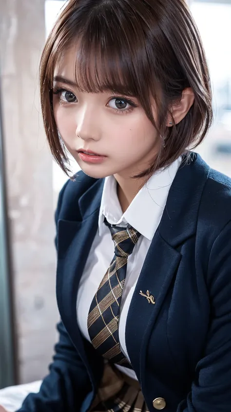 ((masterpiece,  best quality ,  high resolution,  Ultra Fine)),  Japanese high school girl in a bold position,( is present:1.5)、great face、 sharp mouth、With a pout、Glossy Lips 、 short hair while on a business trip,( beautiful brown hair:1.5)、 high school u...