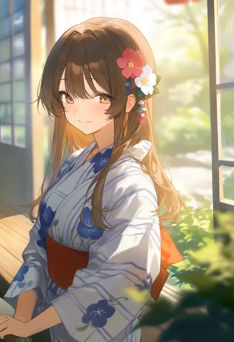 Festival Venue　I'm feeding the birds　 brown long hair　yukata　　 cute　 Flower Hair Ornament　smile　　