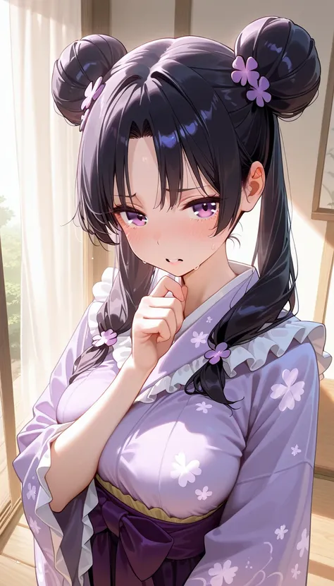 Masterpiece, 1girl, (three quarter view: 2), long hair, black hair, twin bun, twin tails, ((Purple clover hair pin: 1)), parted bangs, curtains bang, purple eyes, teary, fidgeting finger, Medium breast, Wide sleeves, frilled shoulder: 1, frilled kimono, Pu...