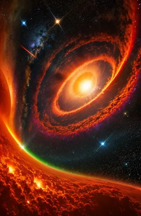 Big burning sun　Around it is a rainbow-colored universe　The twinkling stars of the solar system々