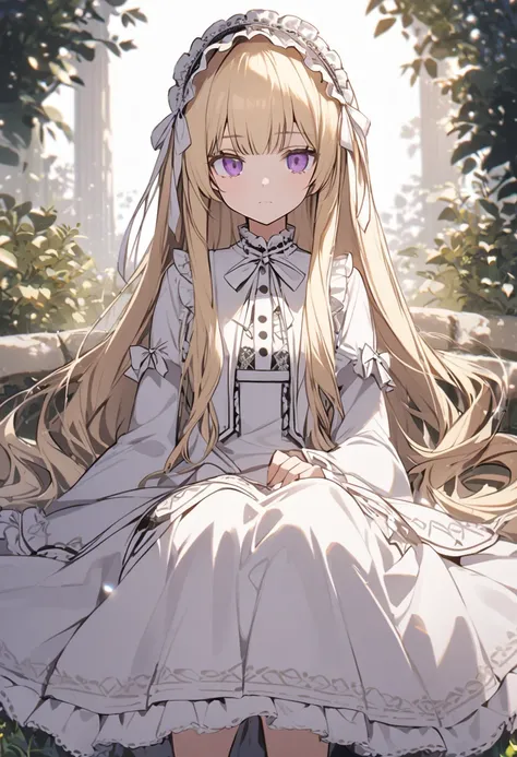 One girl,sit in a tea party in the garden,girl with long soft blonde hair with side bangs, purple eyes,blonde eyelashes,short white lolita dress with white ribbons and romántica sleeves ,lace ruffle white lolita head band with long white lace ribbons on si...