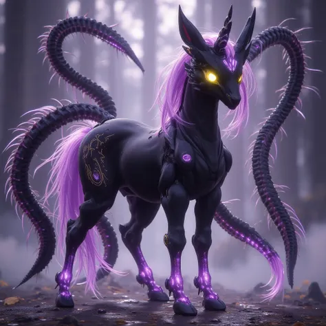  Male pony ,  black fur with purple tint, octopus ,  four-winged, two horns ,  two-tailed ,  snake tails ,  yellow eyes 