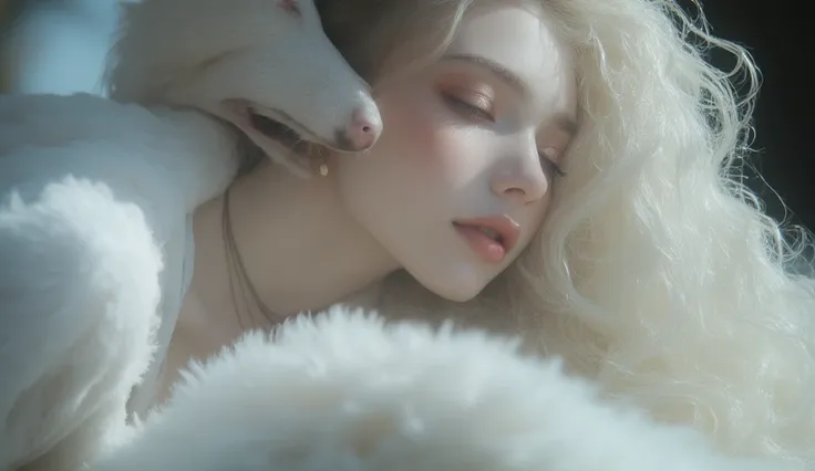 32K, Masterpiece,  top quality, ((woman))  blonde,  white skin,  rosy cheeks ,  natural cosmetics, Nude Lipstick, necklace,  earrings,  tousled hair,  profile, close-up,  blurry background. white fluffy wolf lying next to a wolf 